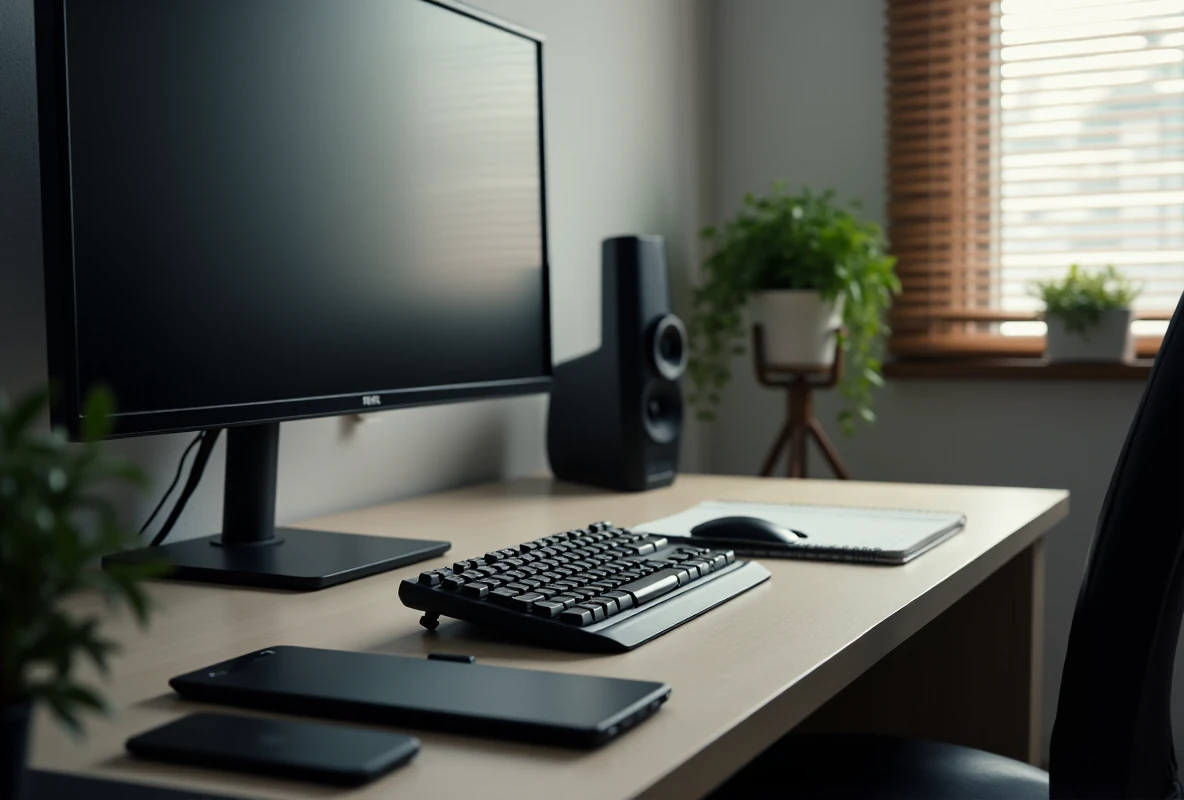 Stanowisko z pionowym monitorem, klawiaturą i telefonem leżącym obok notesu