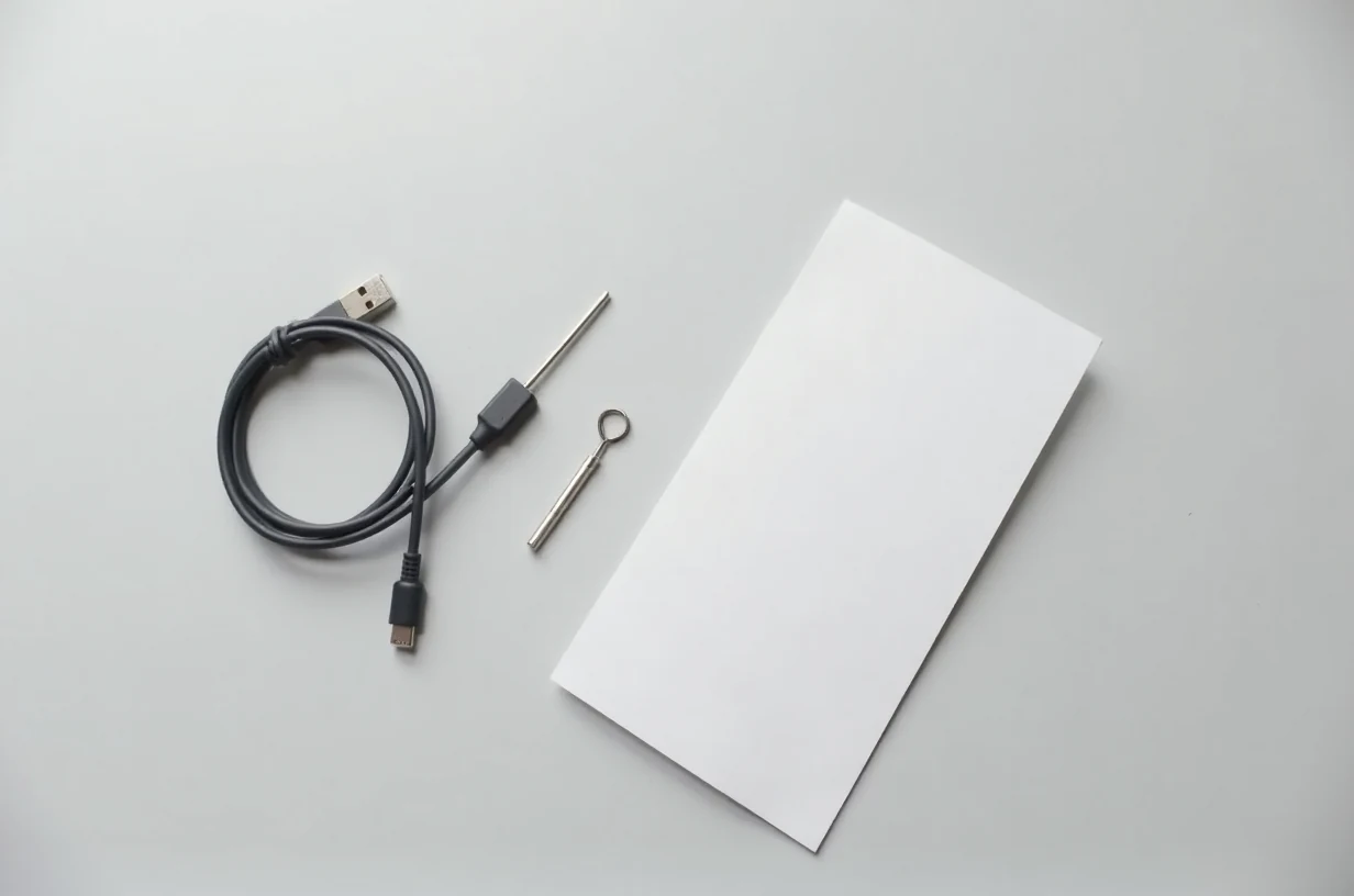 Zwinięty kabel USB-C i kluczyk do tacki SIM na jasnym blacie